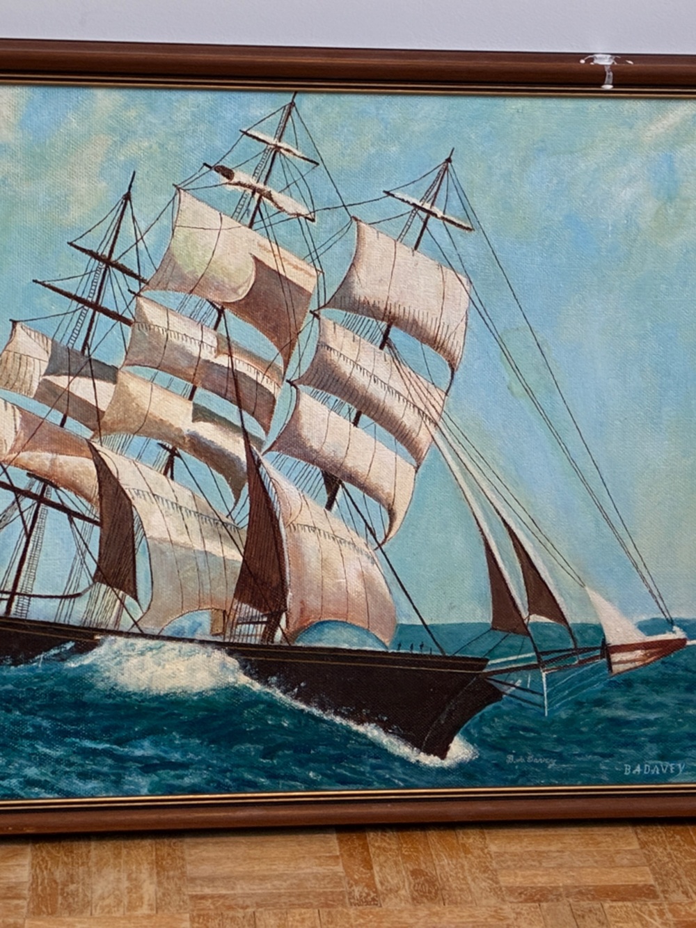Vintage Sailing Ship Wall Art - Blue and Brown Canvas Print